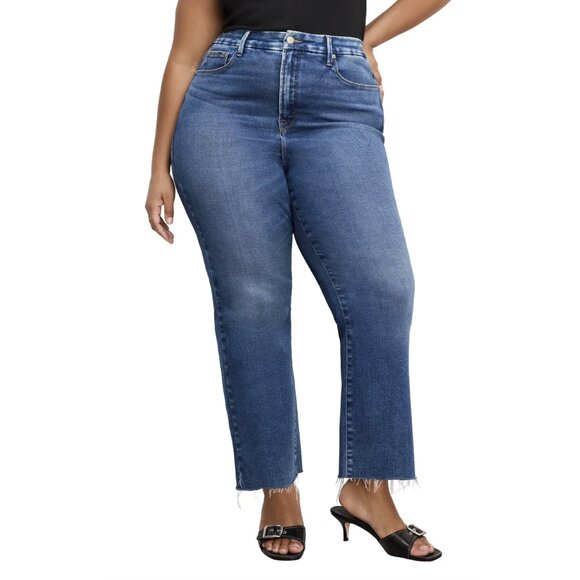Good American NWT Soft Tech Good Legs Raw Hem Crop Mini Bootcut Jeans, 14-18+ - Picture 1 of 11